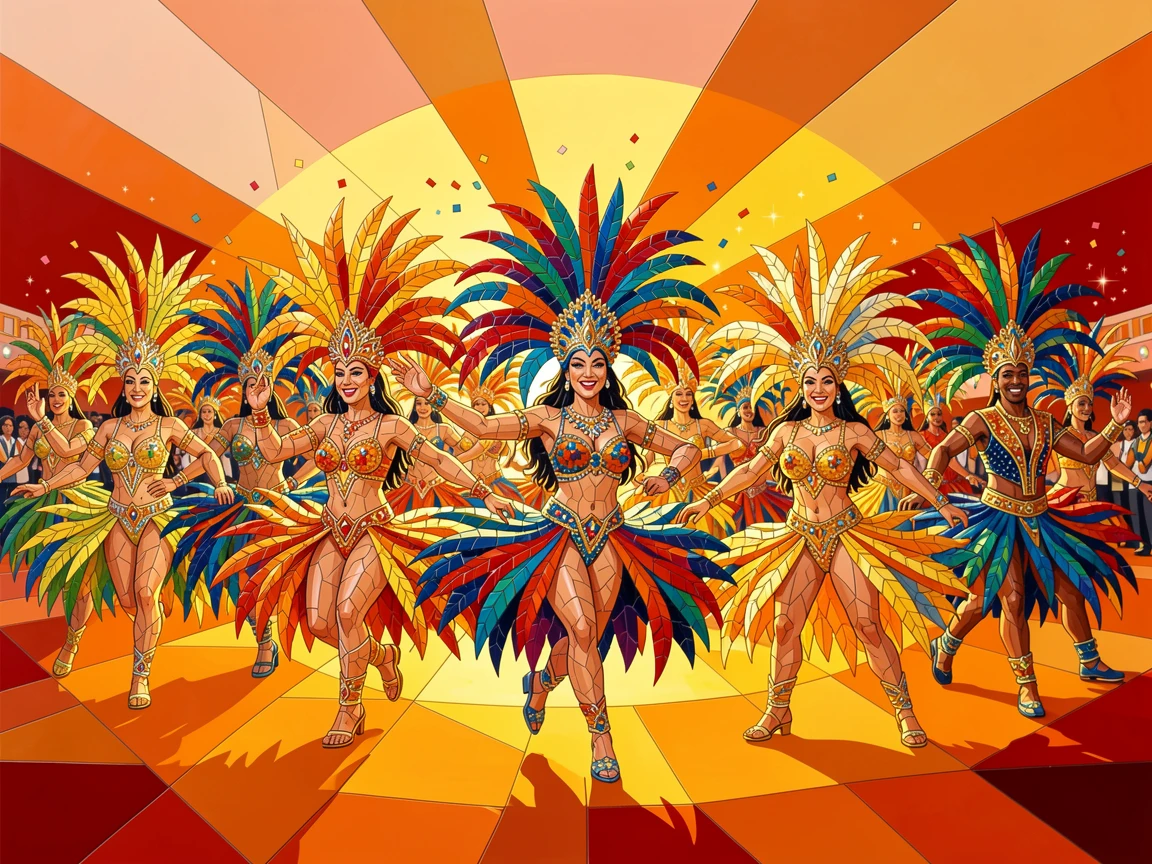 A lively rio carnival parade with dancers in elaborate feathered costumes, filled with warm light, motion, and joyful energy.