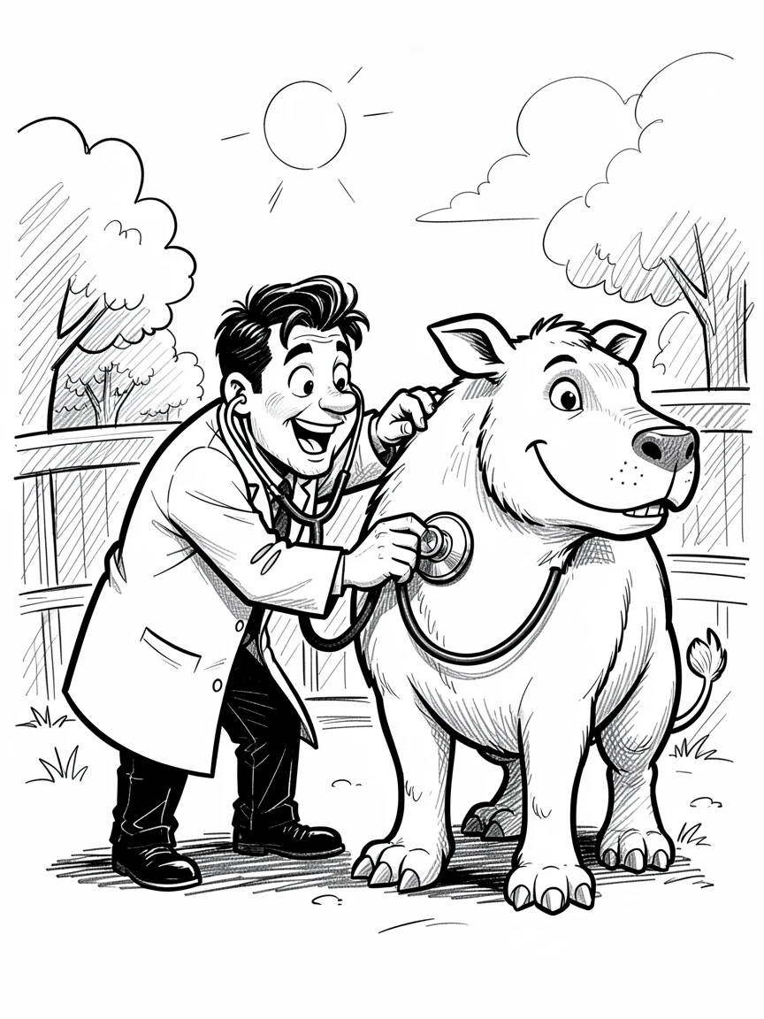 A doctor listening to a heartbeat with a stethoscope at a zoo on a sunny afternoon.