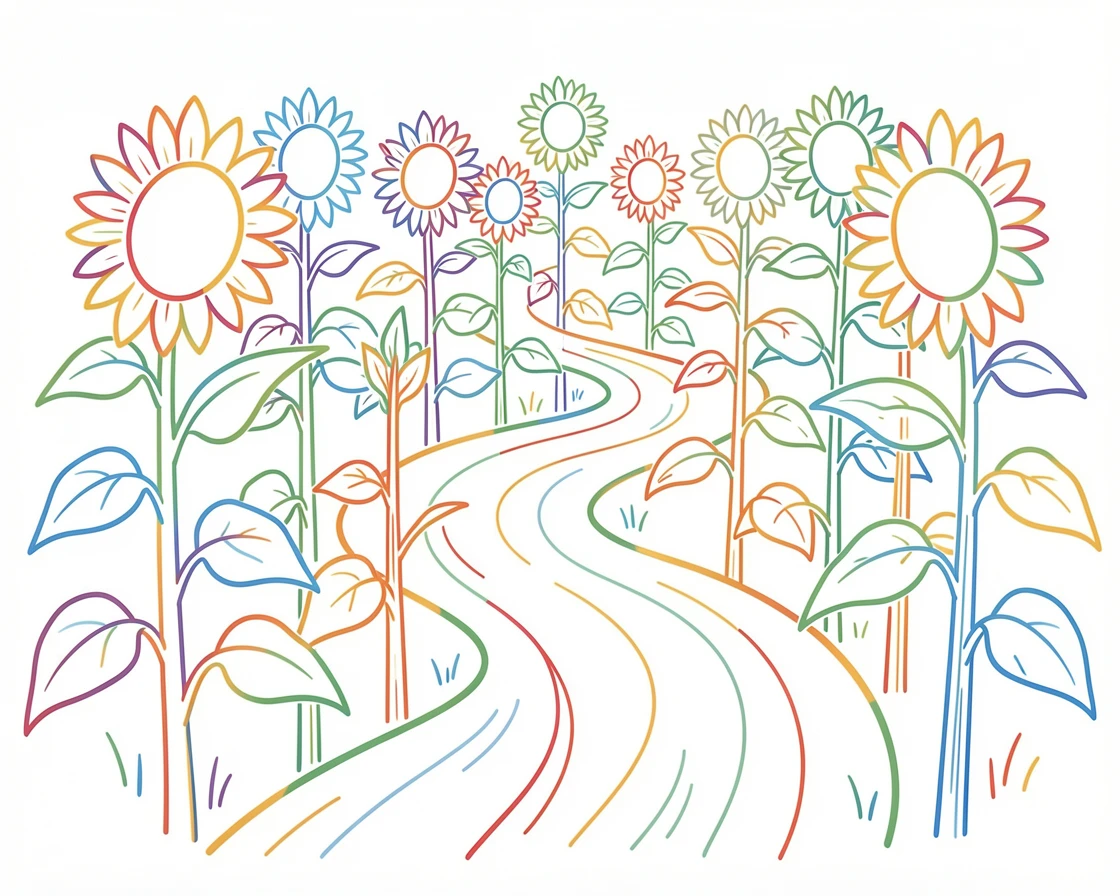 A summer sunflower maze with a winding path cut through tall stalks.