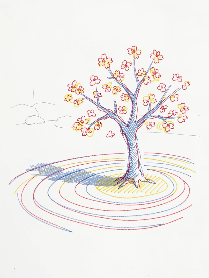 A tranquil zen garden with raked gravel and a single blooming cherry tree