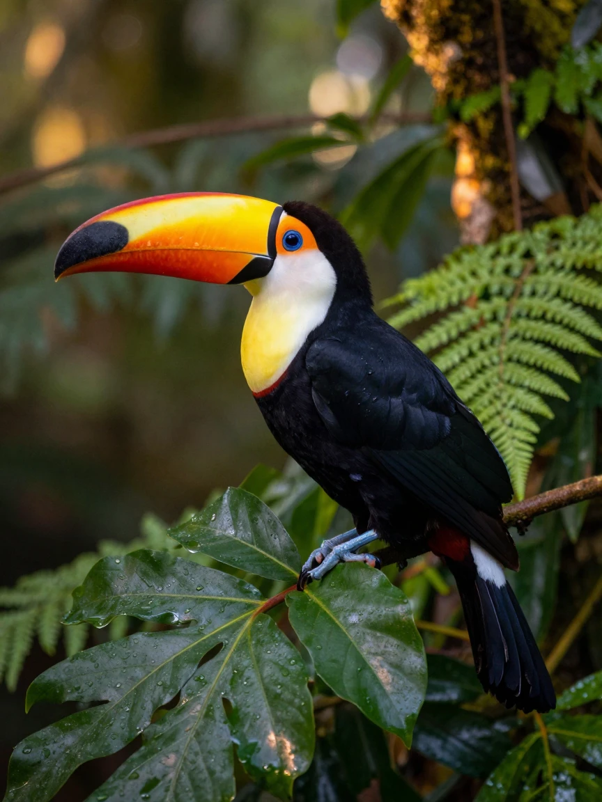A toucan perched among tropical rainforest leaves