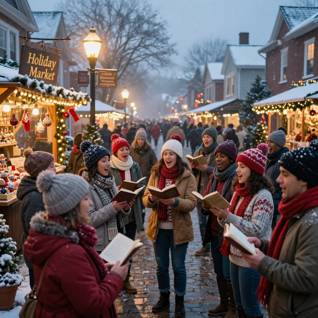 A group of neighbors singing carols on a snow-dusted street along a street filled with holiday markets