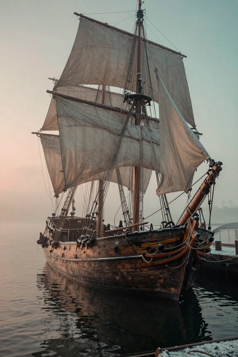 A weathered sailing ship anchored in a misty harbor, in the pale light just before sunrise, in crisp, dry air, under the first snow of winter, in vivid coral and turquoise hues, at eye level, intimate and direct.