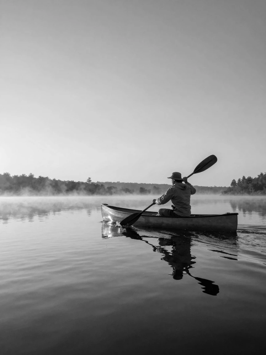 A canoeist paddles through calm morning waters at sunrise over still water.