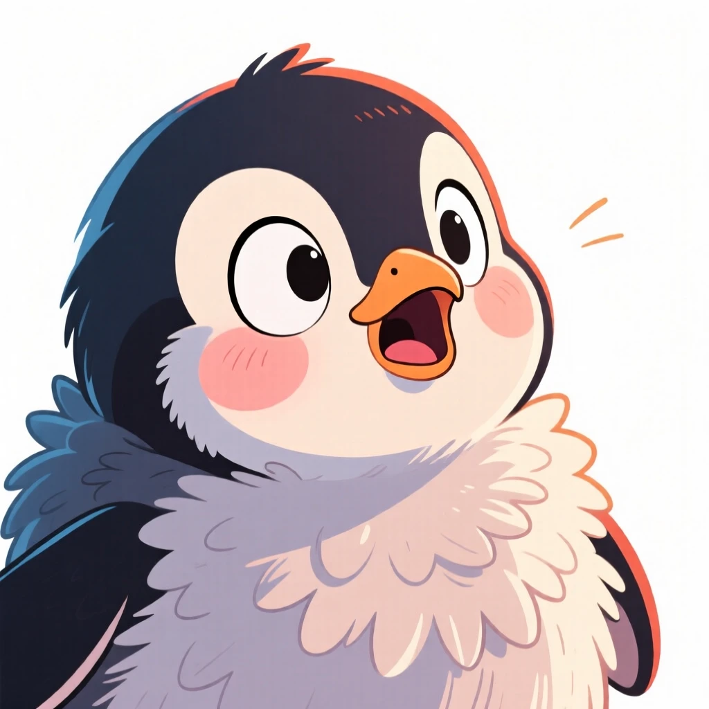 A charming animal moment featuring a wide-eyed baby penguin reacting with wide-eyed surprise to something offscreen, with feathers or fur puffed out dramatically.