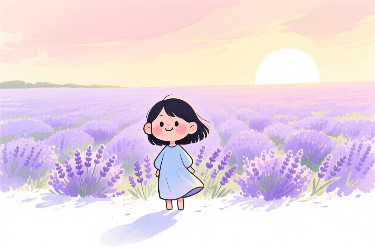 A serene landscape of a field of lavender stretching to the horizon bathed in warm afternoon sun