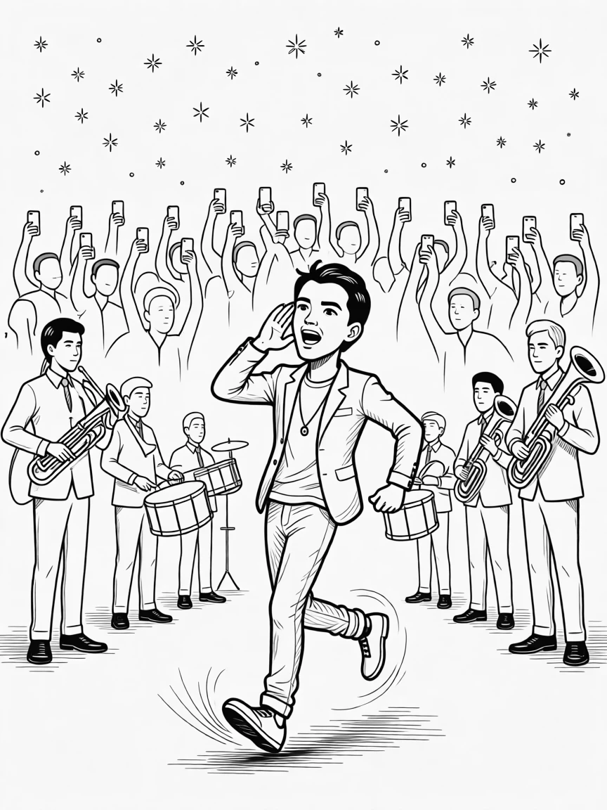 A rapper mid-verse with one hand cupped to an ear, spinning so fast the shoes seem to blur, set in the middle of a marching band formation. The crowd's phone lights twinkle like stars. There's an infectious, larger-than-life energy to the moment.