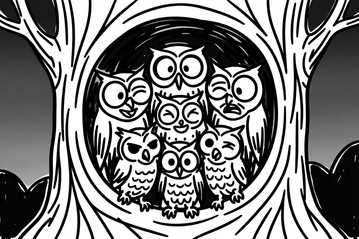 An owl family nestled together in a hollow tree at dusk, wide eyes blinking.