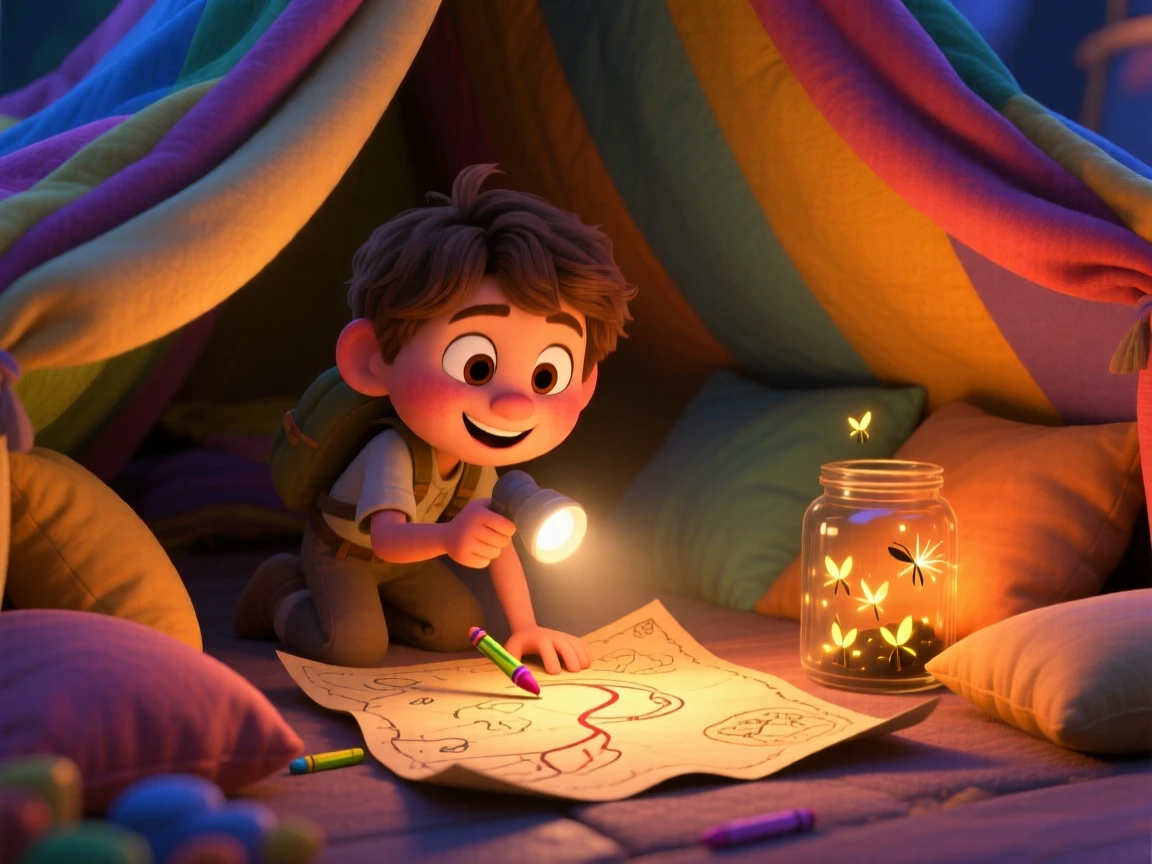 A young explorer following a hand-drawn treasure map takes place inside a blanket fort glowing with a flashlight, with a jar of fireflies glowing softly. The scene bursts with childhood wonder and delight.
