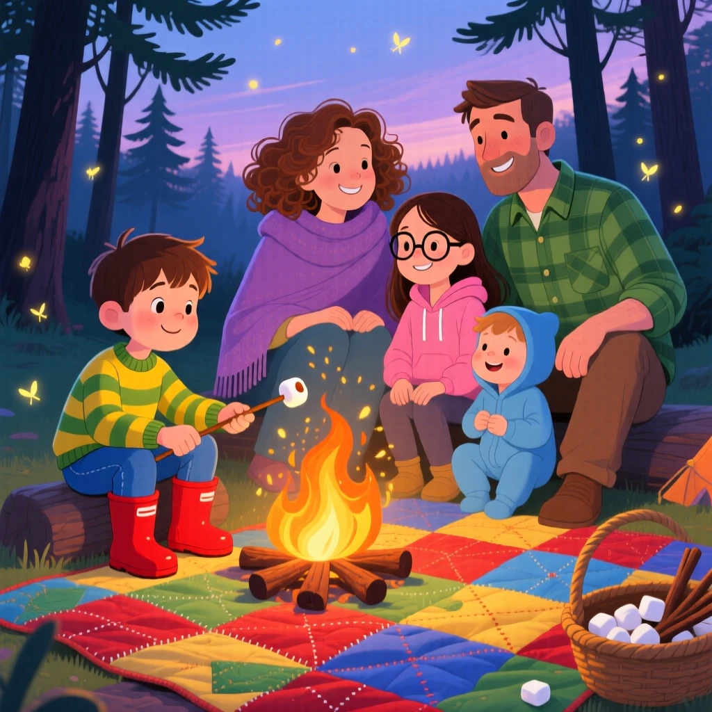 With their whole family close by, a boy in rain boots is roasting marshmallows over a campfire, with a homemade quilt spread beneath them.