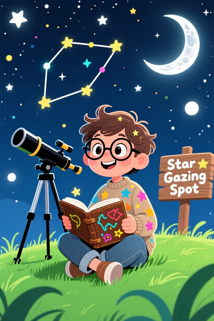 A young astronomer charting constellations in a notebook by moonlight.