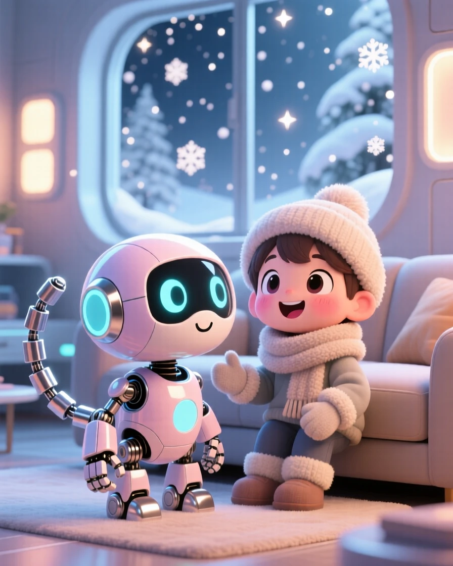 A friendly robot pet wagging a mechanical tail beside a child in a cozy futuristic living room during a cozy winter snowfall; sparkling starlight washes over the scene as bubbly enthusiasm fills the moment. Extreme close-up.