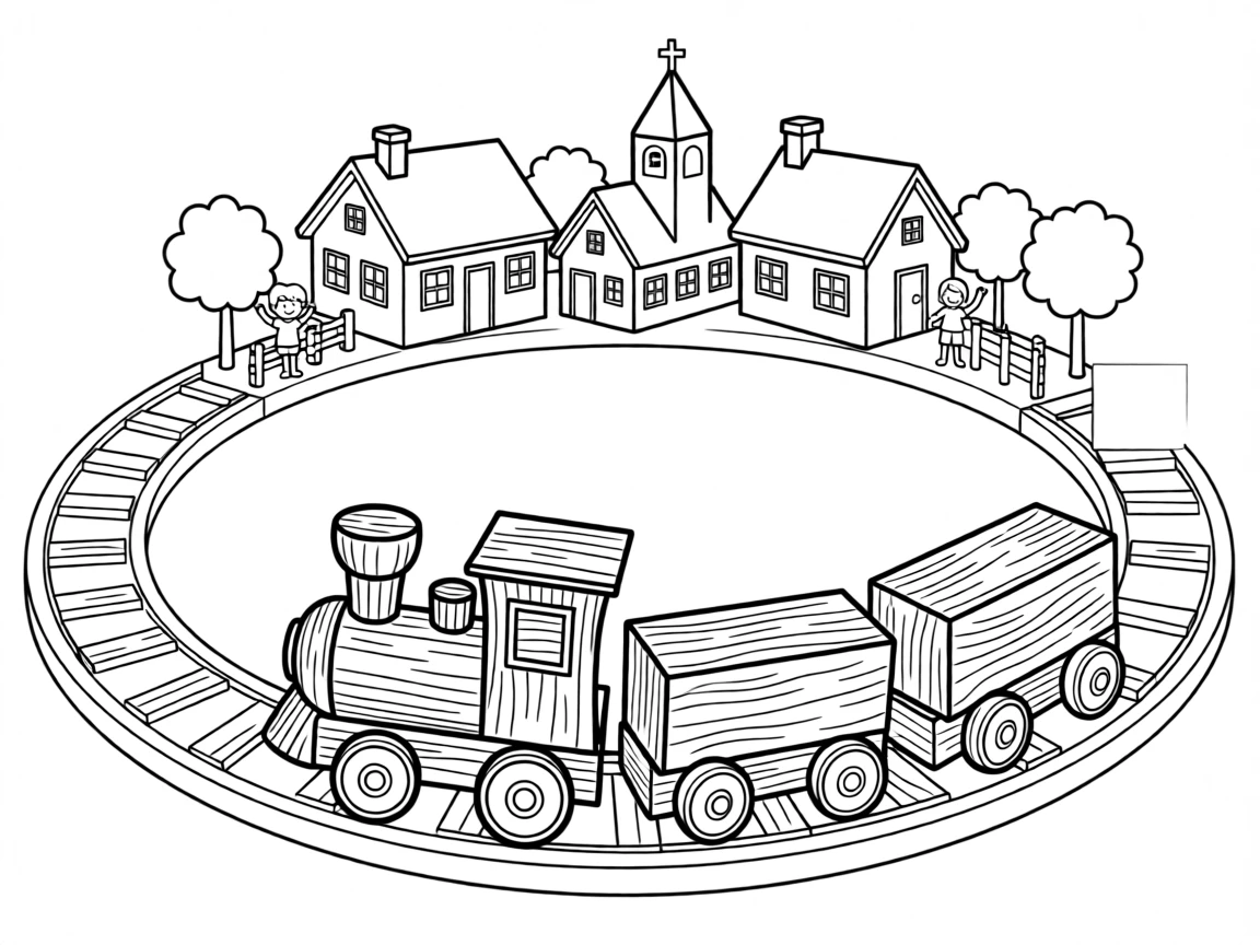 A wooden train set circling around a miniature village