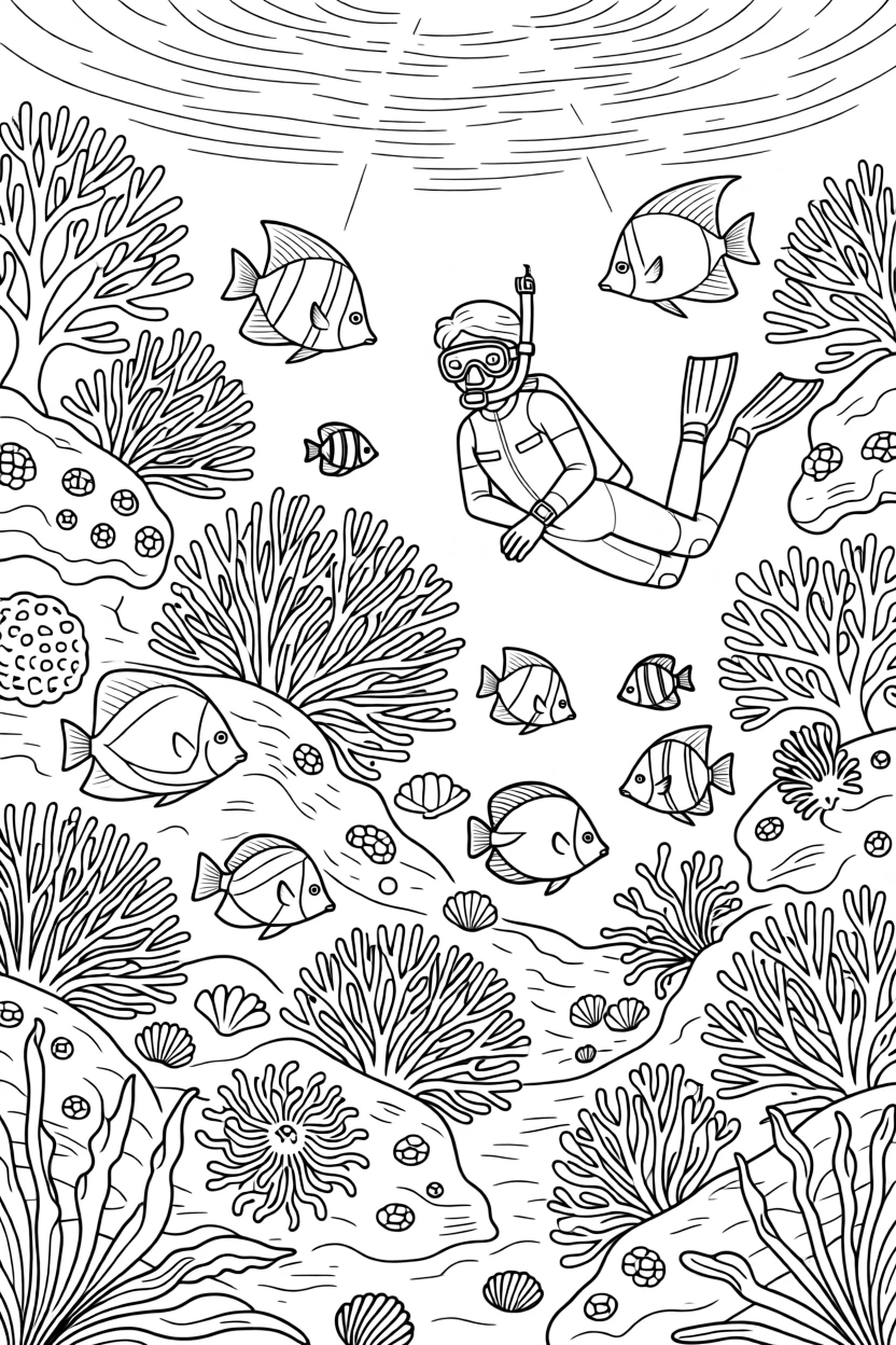 A coral reef teeming with tropical fish, with barnacles and anemones clinging to every surface.