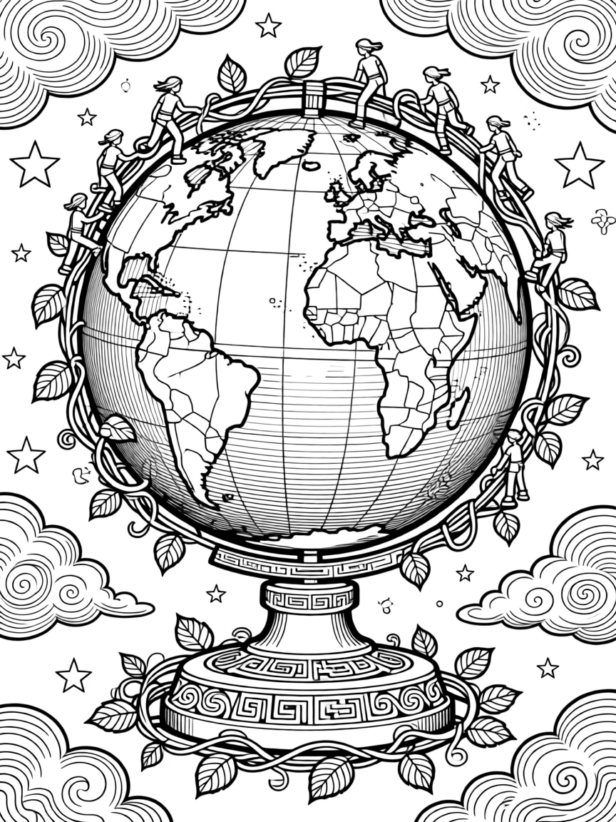 A globe wrapped in vines with small figures climbing toward the top.