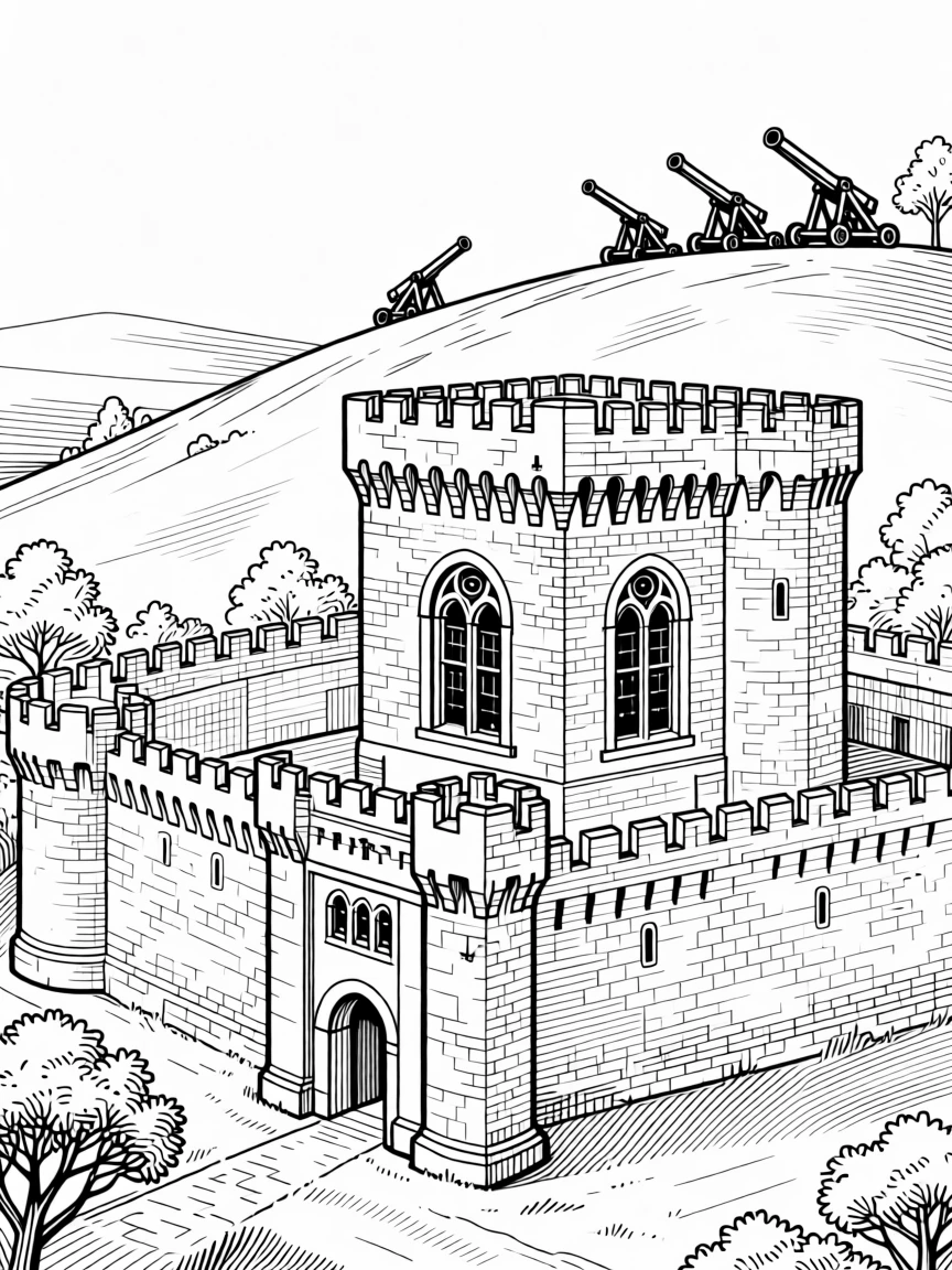 A medieval castle under siege with catapults in the distance
