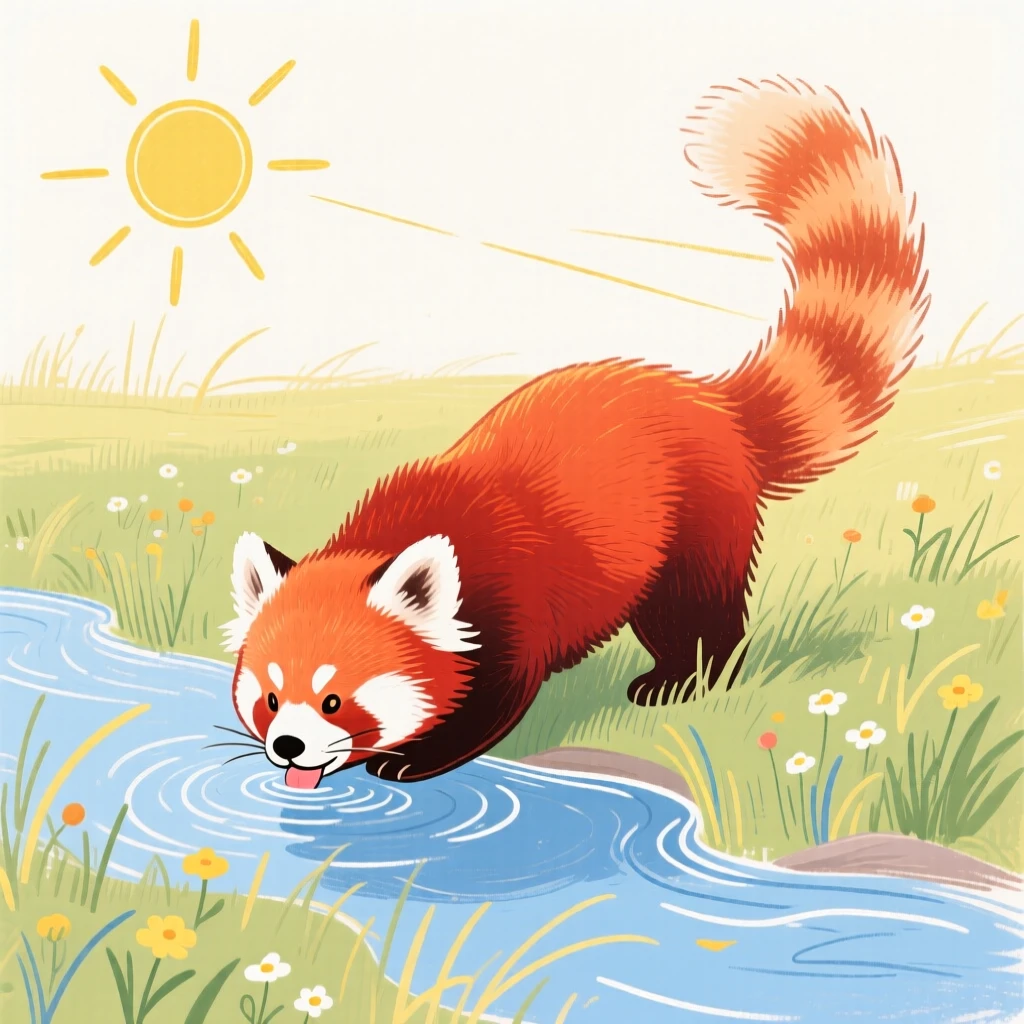 A red panda drinking from a stream in a sunlit meadow on a quiet summer afternoon.