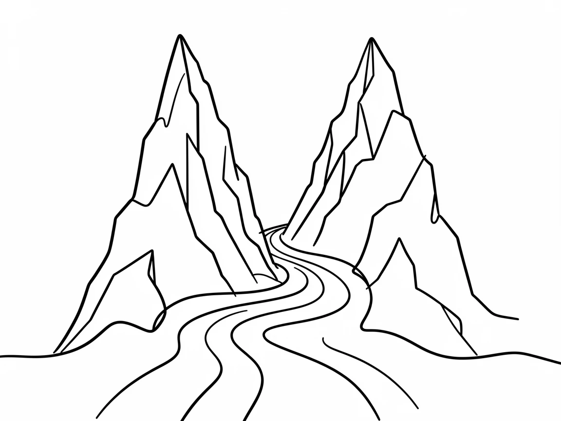 A dramatic mountain pass winding between two towering rocky peaks