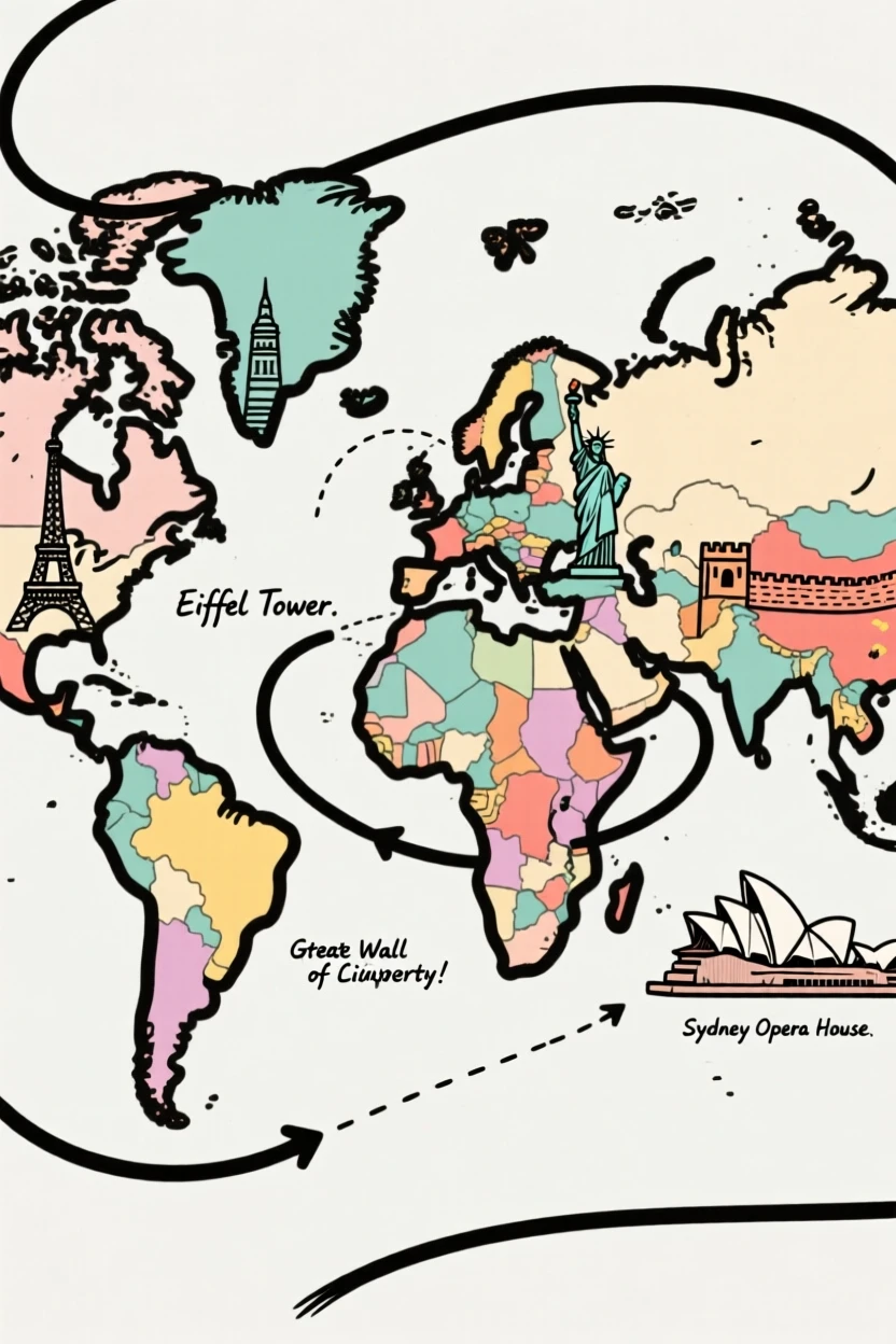 A world map dotted with famous landmarks and travel routes.