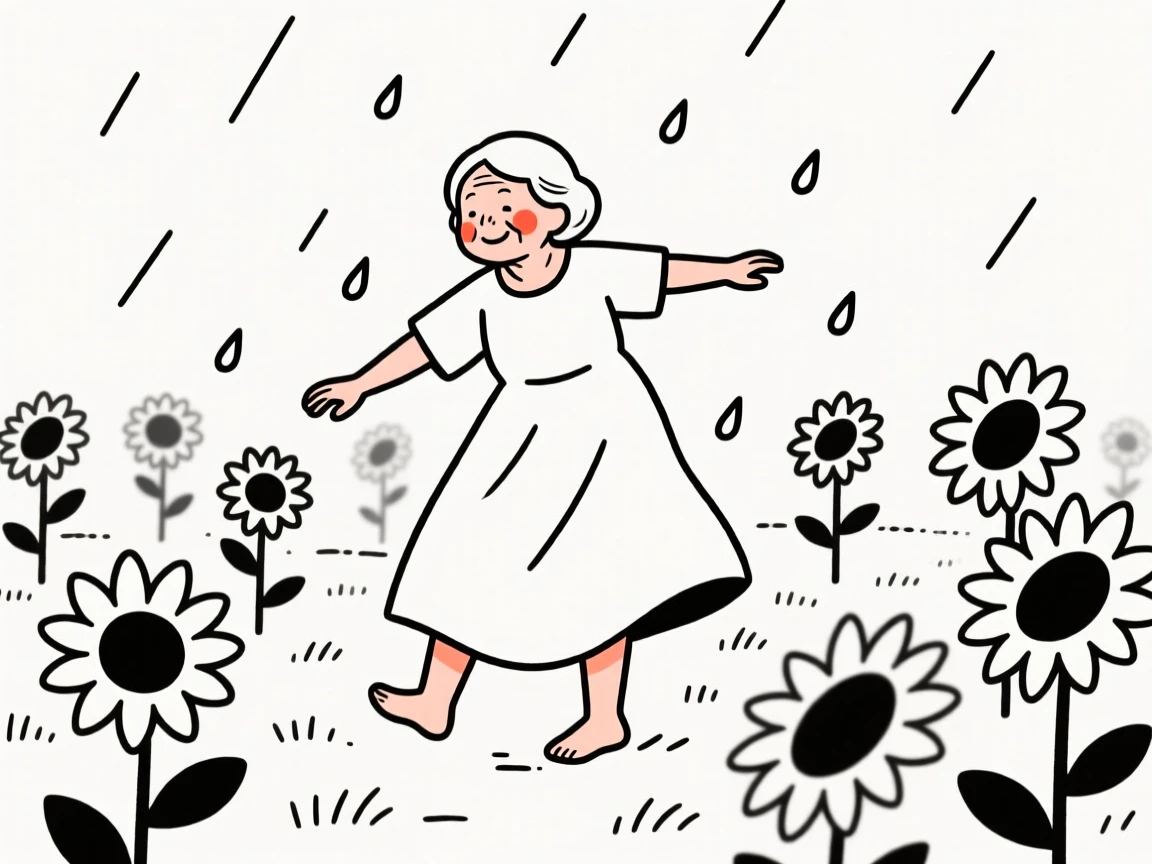 An elderly woman dancing barefoot in the rain, in a sunflower field.