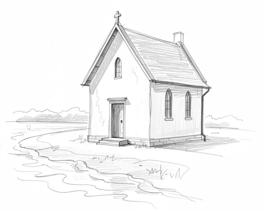 A quiet chapel filled with soft morning light, as calm waves lap quietly at the shore, capturing a moment of pure stillness.