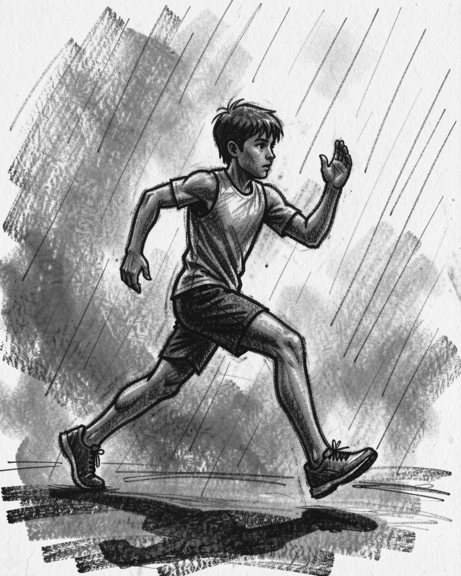 A young athlete training alone before sunrise, determined, as gentle rain patters down around them.