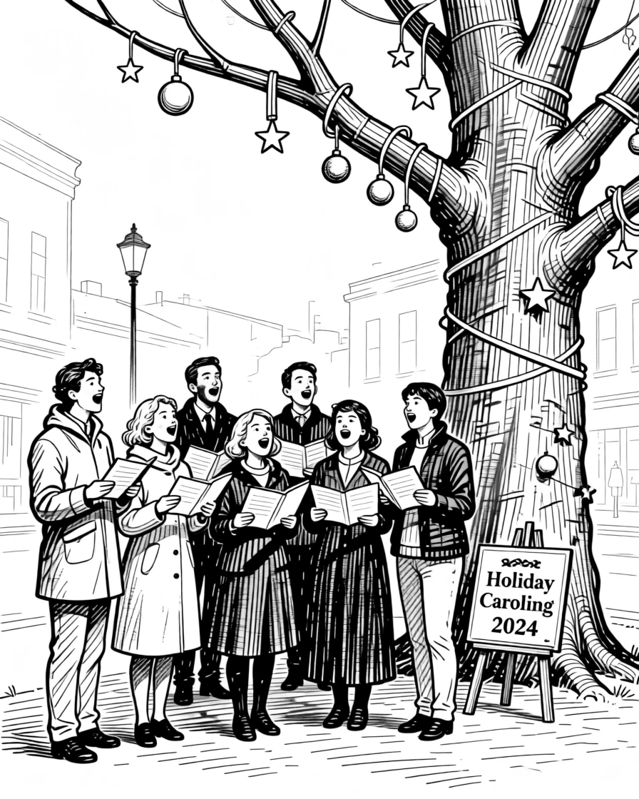 A festive holiday choir singing together beneath a decorated town square tree.