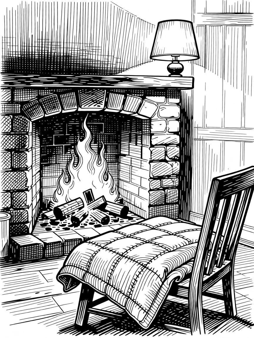 A fireplace crackling in a quiet cottage room beneath the glow of a single warm lamp, with a folded quilt with hand-stitched patterns, evoking a full of quiet gratitude sense of calm.