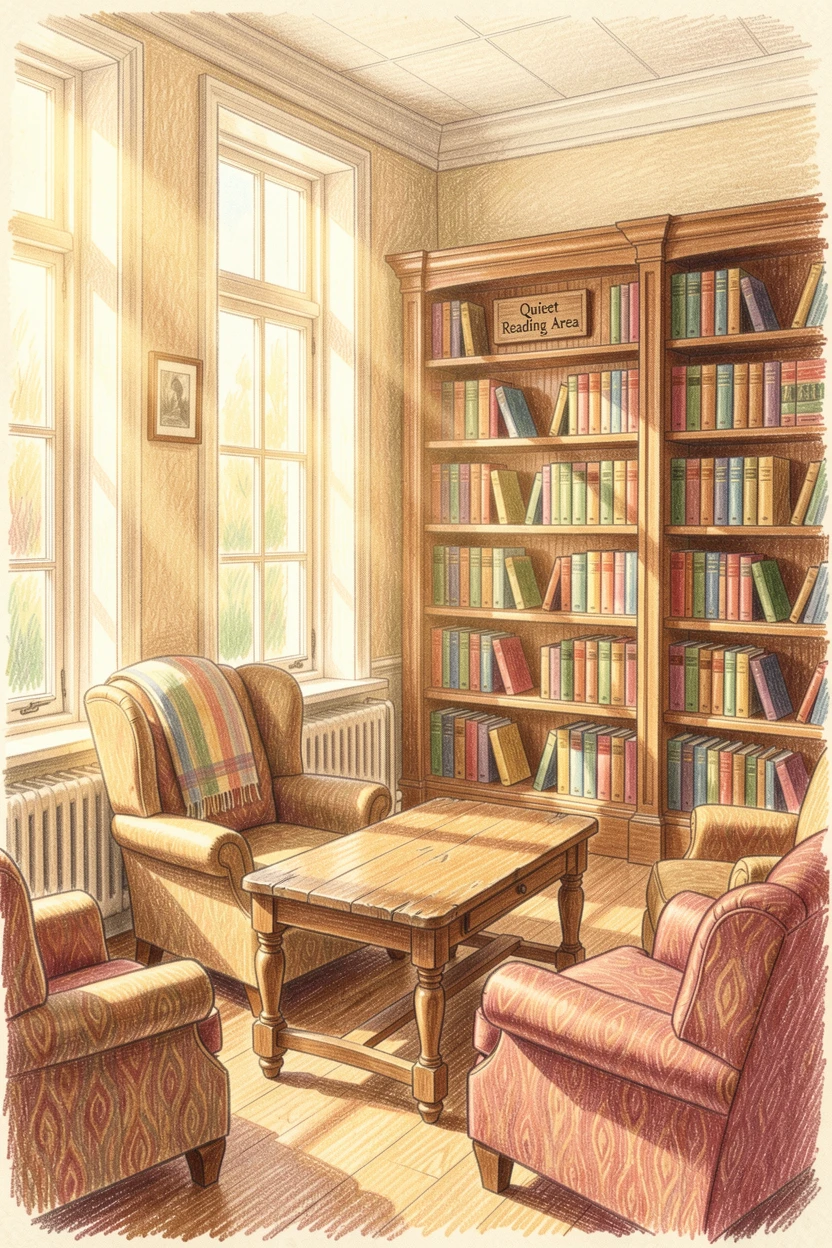 A quiet small-town library reading room bathed in afternoon sun, with soft, natural light bringing warmth to every detail, celebrating a moment people would love to revisit.