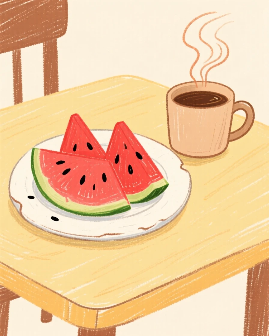 A plate of sliced watermelon placed beside a steaming cup of coffee.