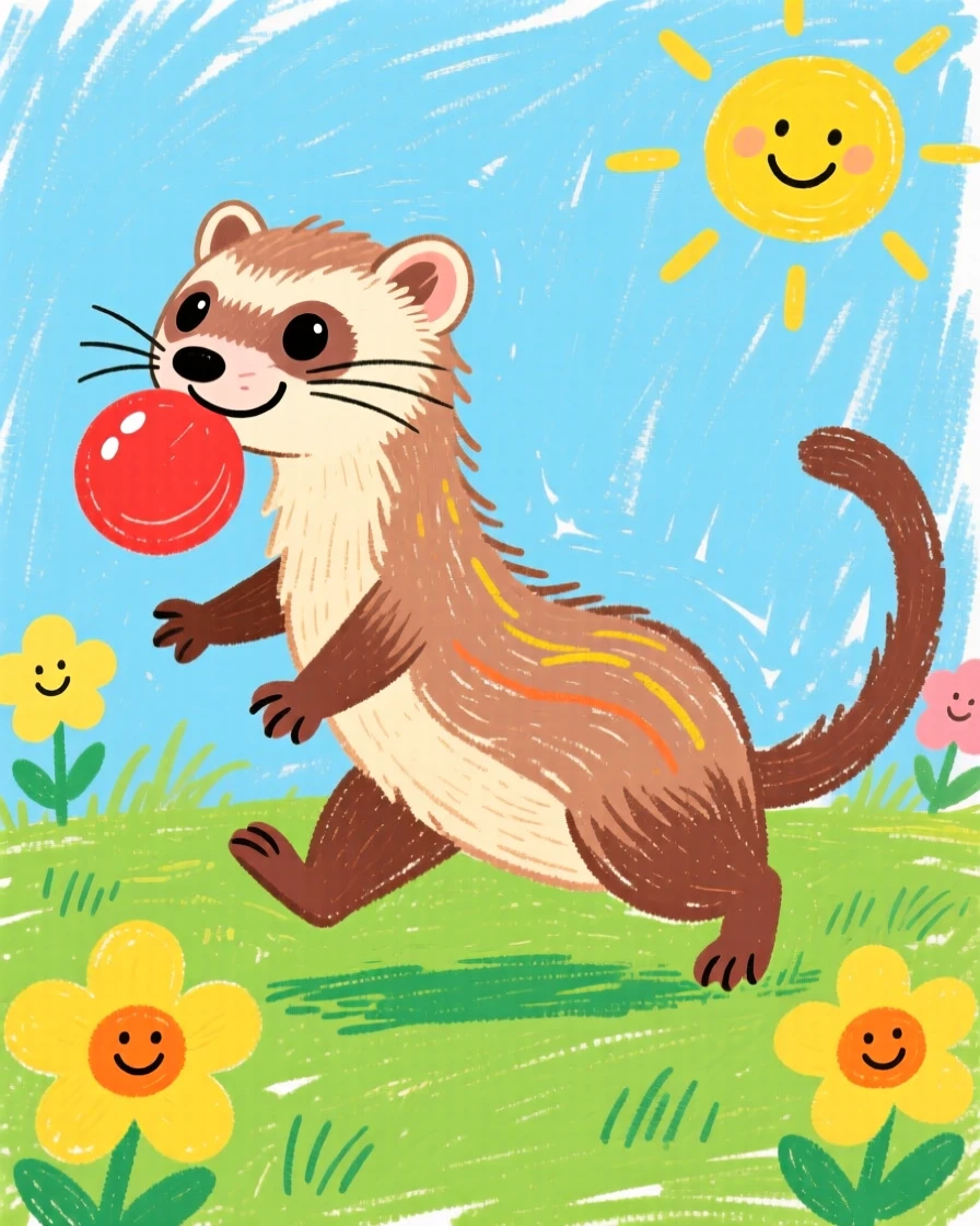 A curious ferret fetching a rubber ball across the lawn.