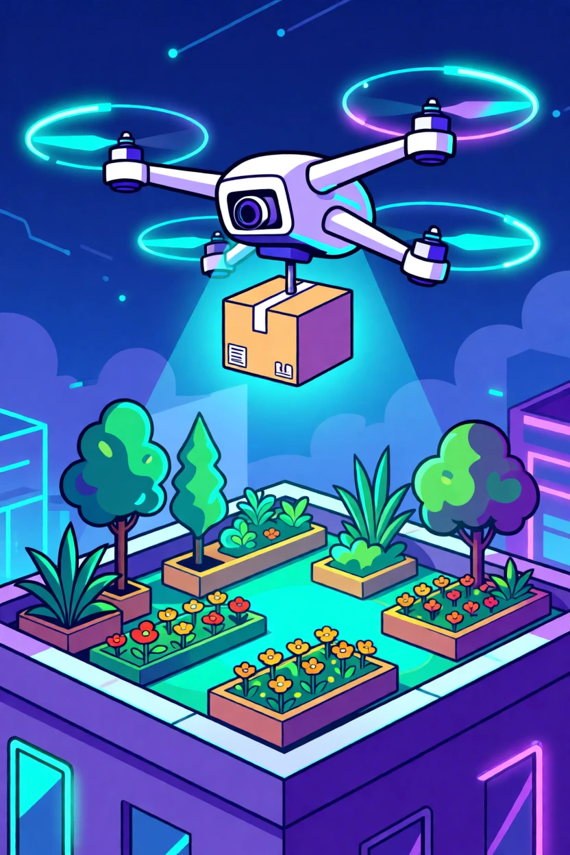 A drone delivering a small package to a rooftop garden, surrounded by soft glowing neon accents, framed from a striking low angle for a sense of scale, with a subtle sense of wonder about future possibilities.