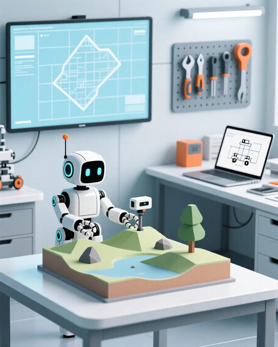 A small robot mapping the terrain in a modern robotics workshop.