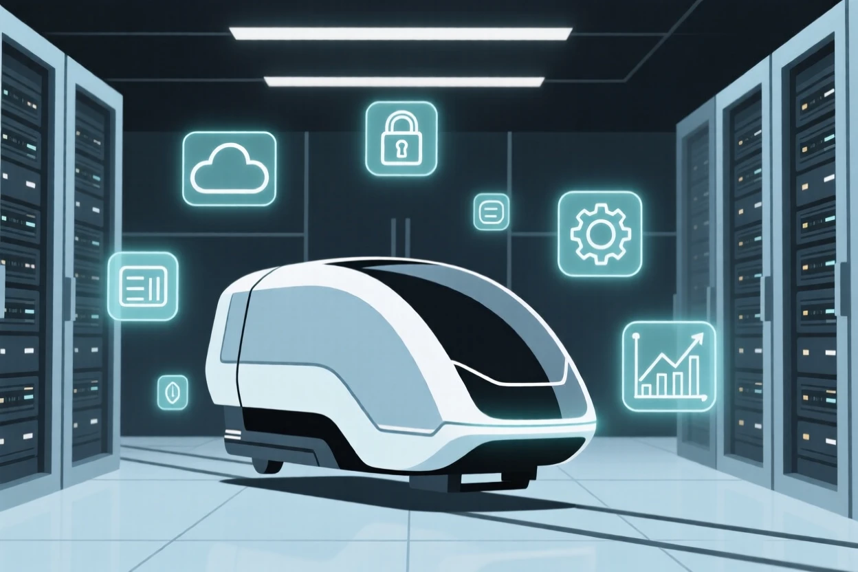 A sleek futuristic city transit pod placed in a quiet data center, surrounded by floating holographic icons, conveying inventive curiosity.