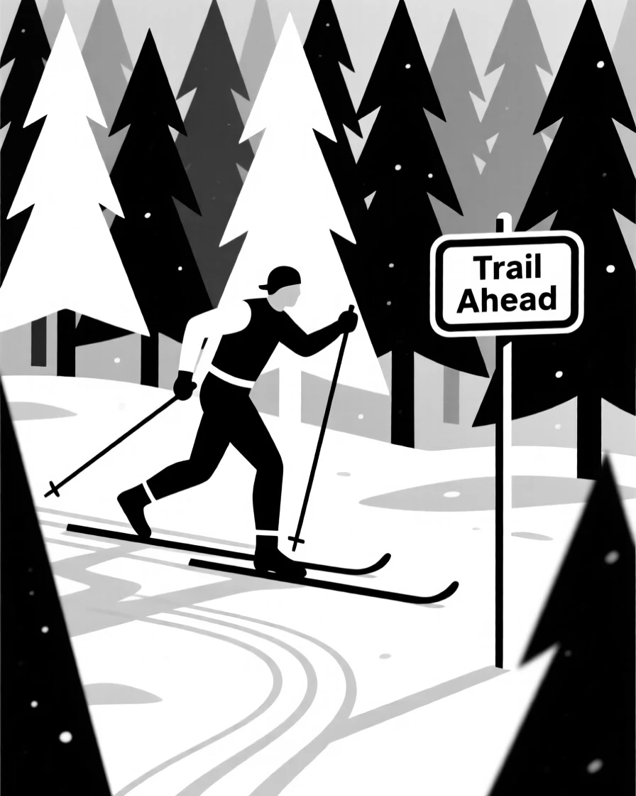 A cross-country skier gliding through a snowy forest.
