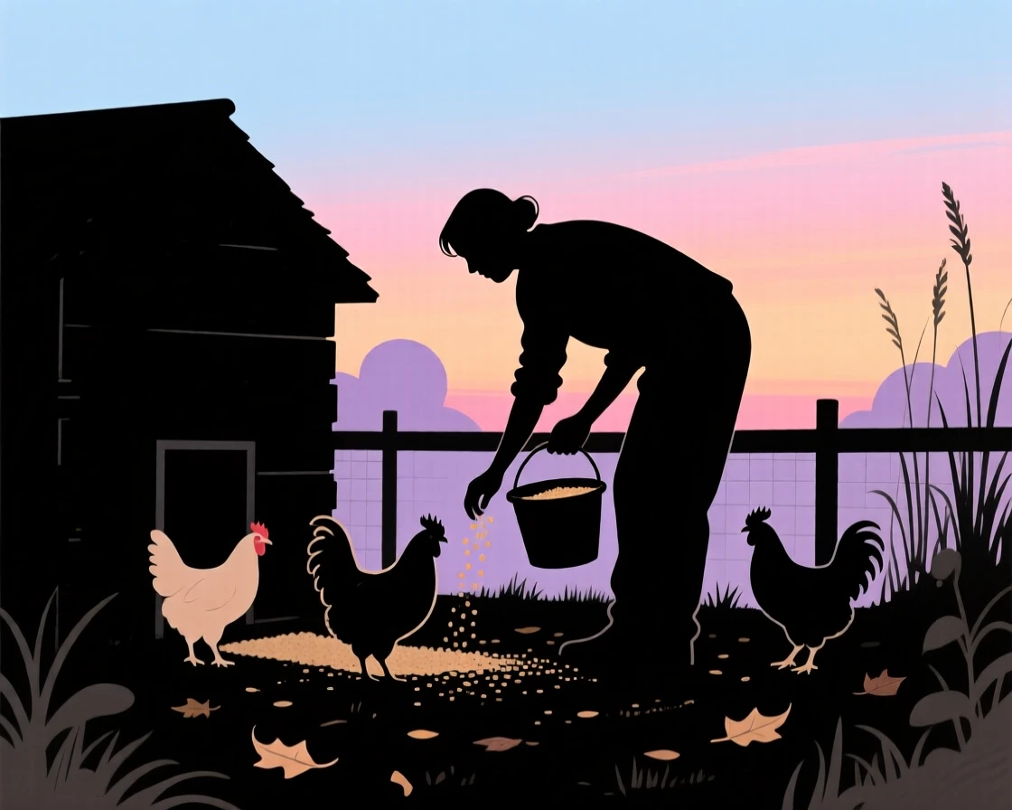 A person feeding chickens in a small backyard coop at dawn.