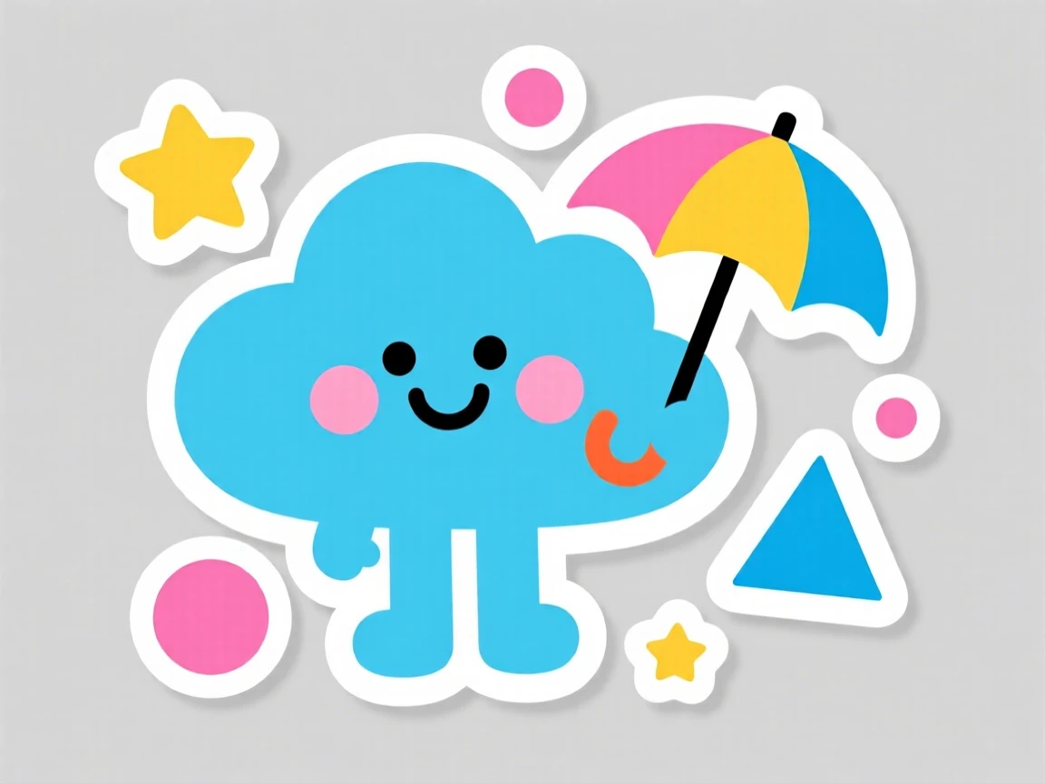 A bright and friendly cheerful weather cloud character with a tiny umbrella, surrounded by simple colorful shapes, perfect for a classroom or nursery.