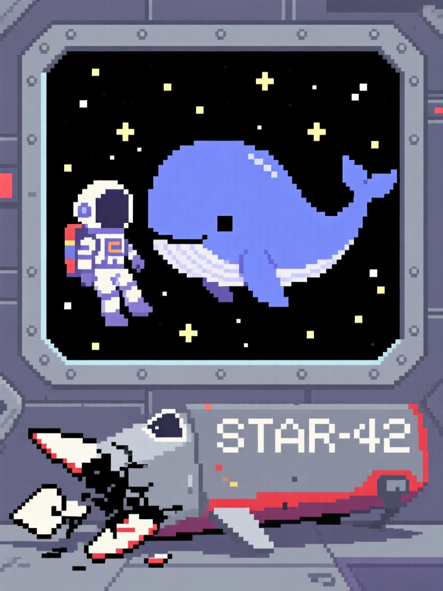 An astronaut floating beside a giant space whale resting beside a crashed but harmless spacecraft, aboard a small spacecraft drifting through the stars.