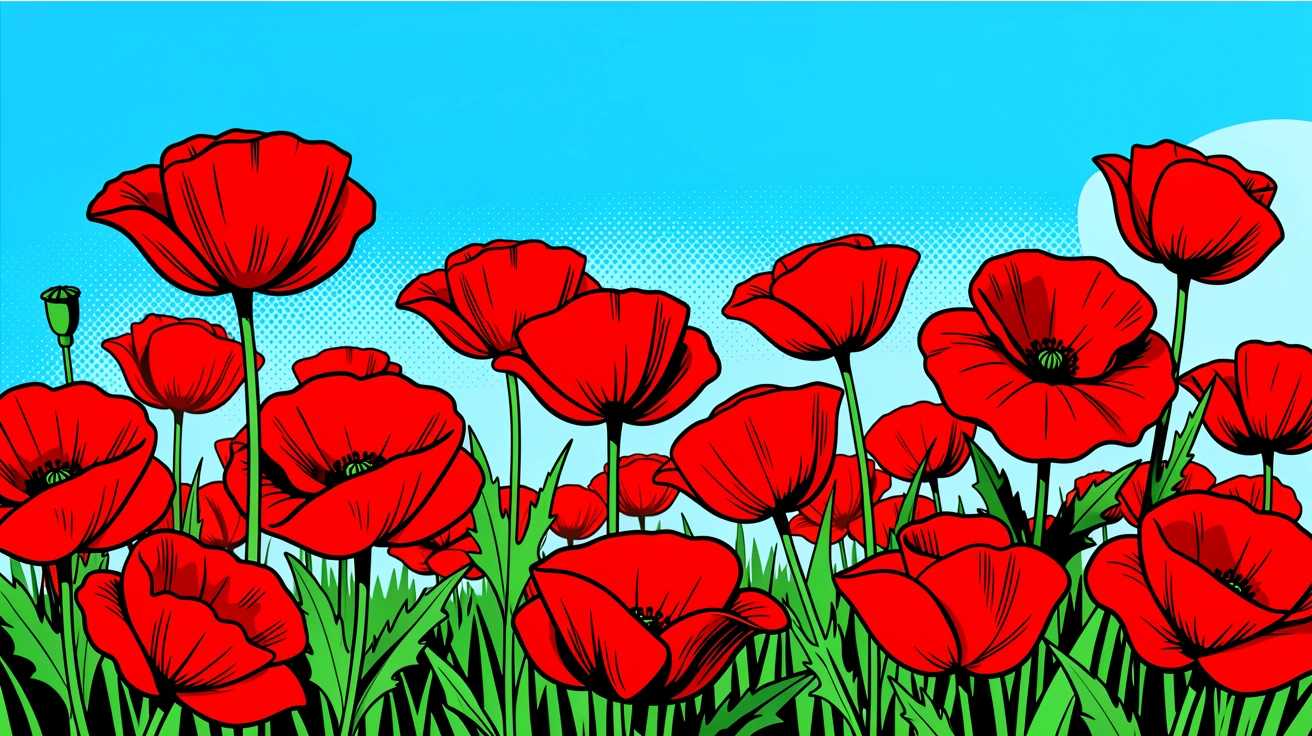 A field of poppies beneath a clear sky
