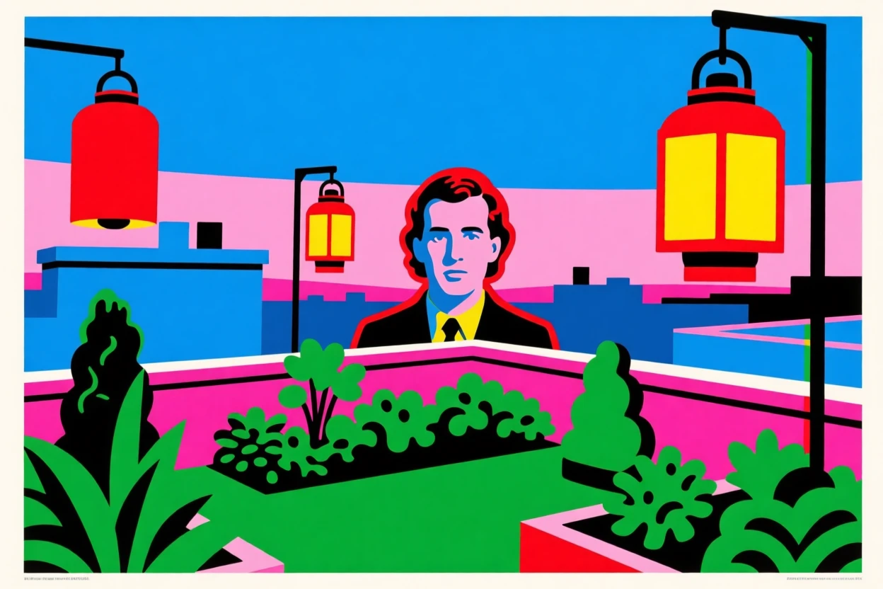 Rooftop garden with hanging lanterns at dusk