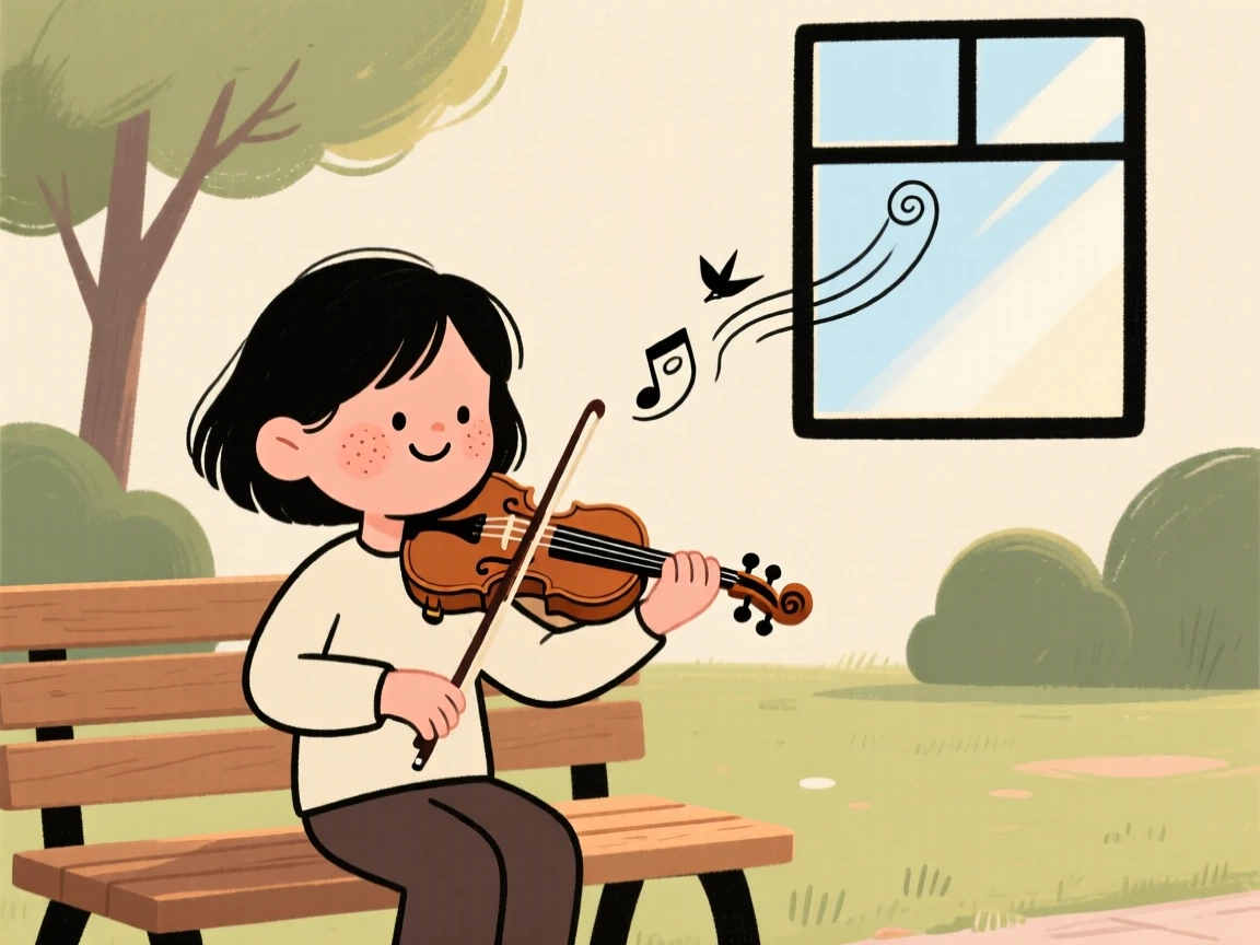 A young violinist sits on a park bench practicing a gentle melody, fully absorbed as birdsong drifts through the open window.