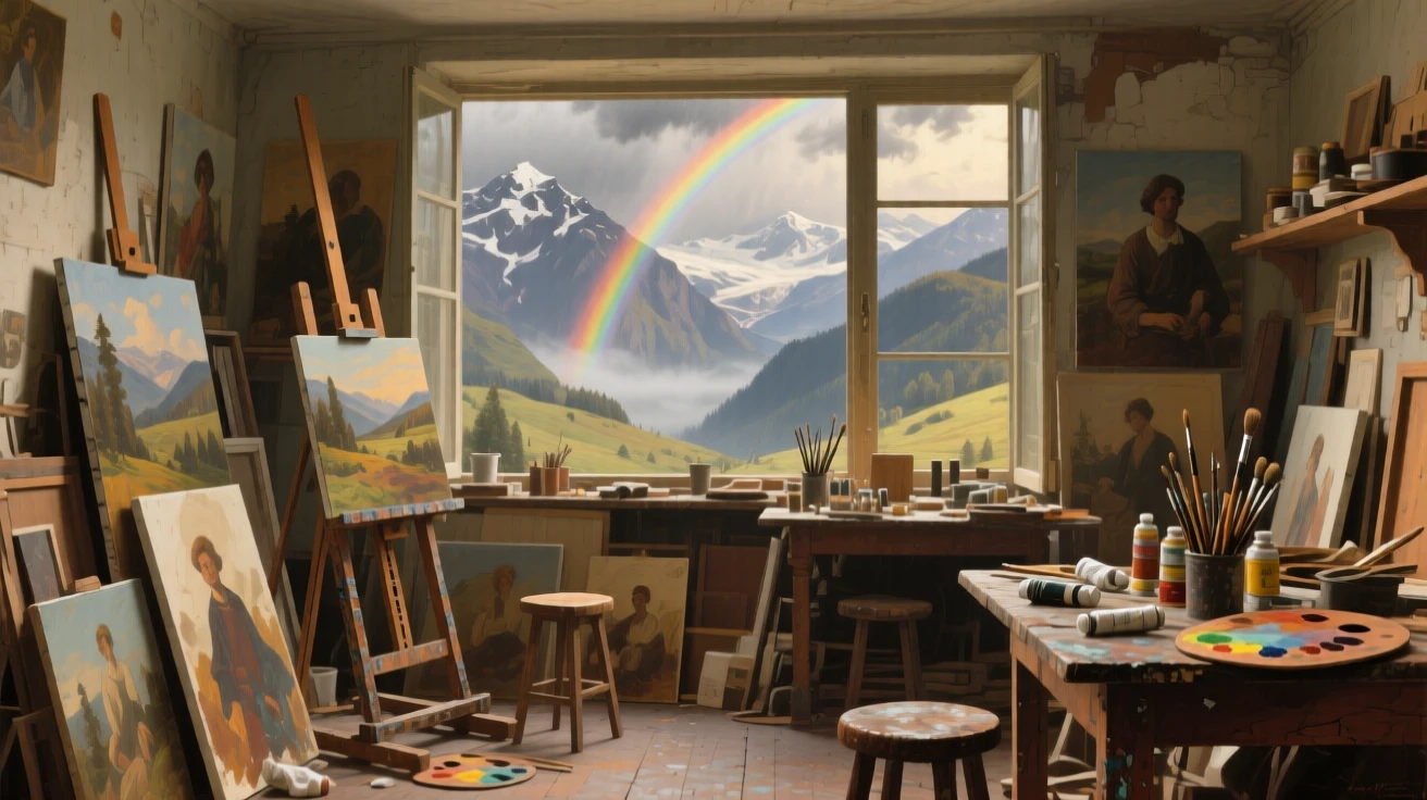 An expansive vista of a cluttered artist's studio with canvases leaning against every wall, in the Swiss Alps, under a rainbow after a storm.