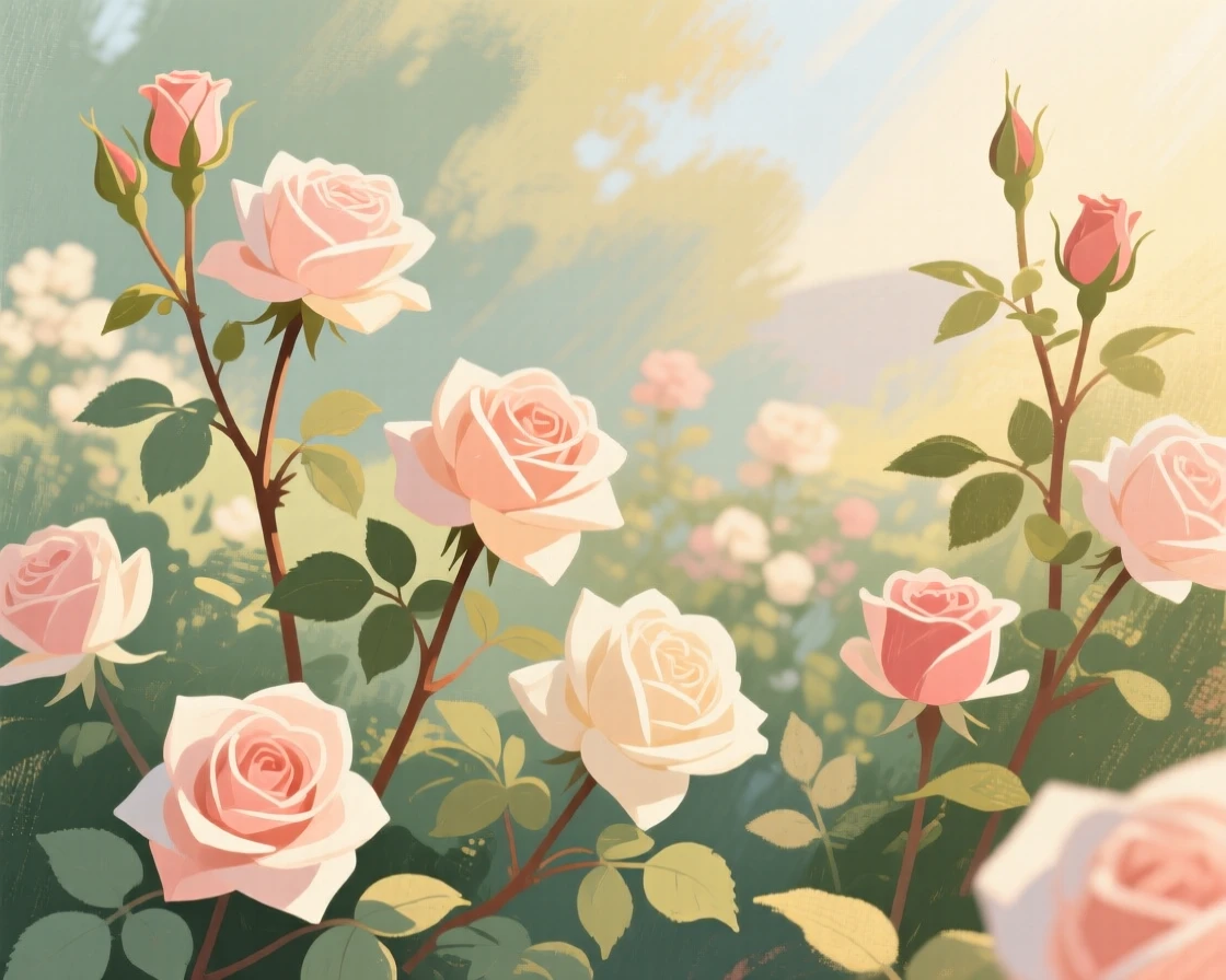 A sun-drenched garden bursting with roses in full summer bloom