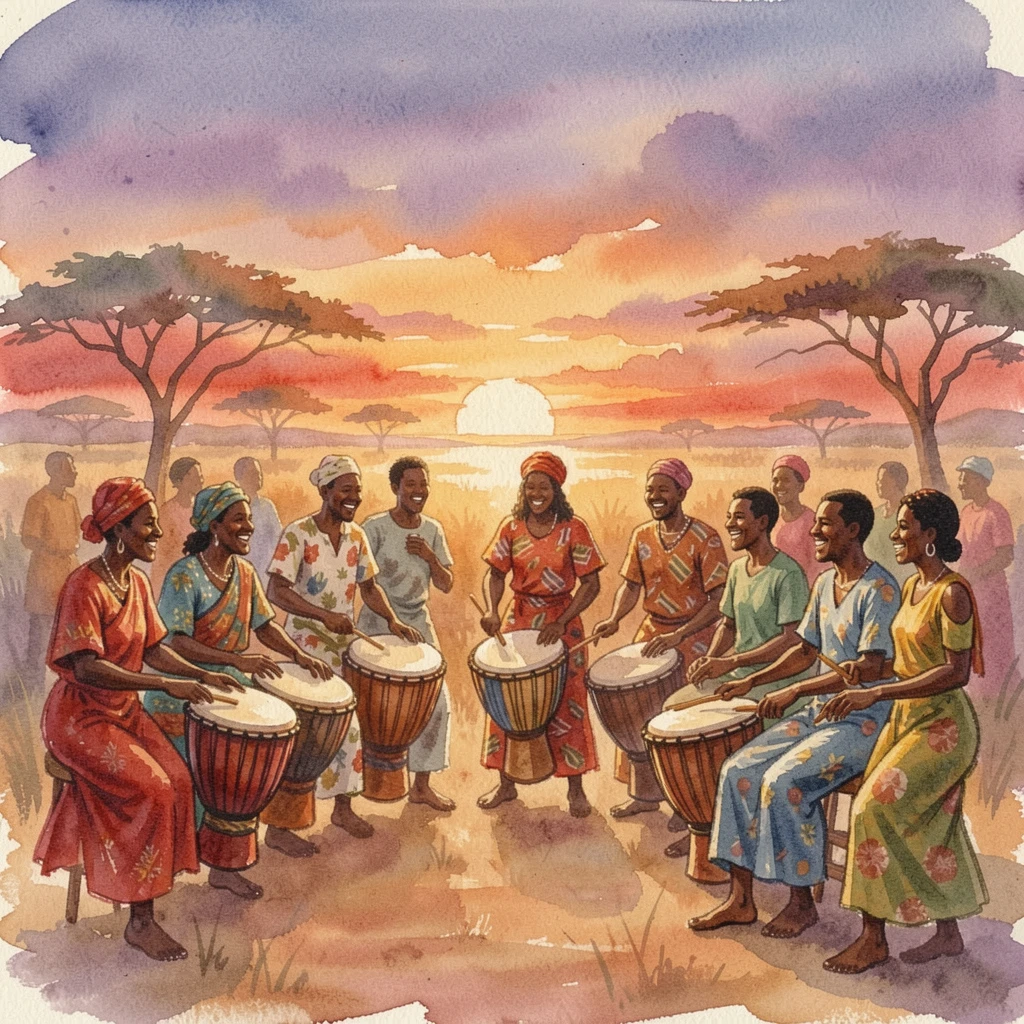 A traditional African drumming circle at sunset as the community gathers together in celebration.
