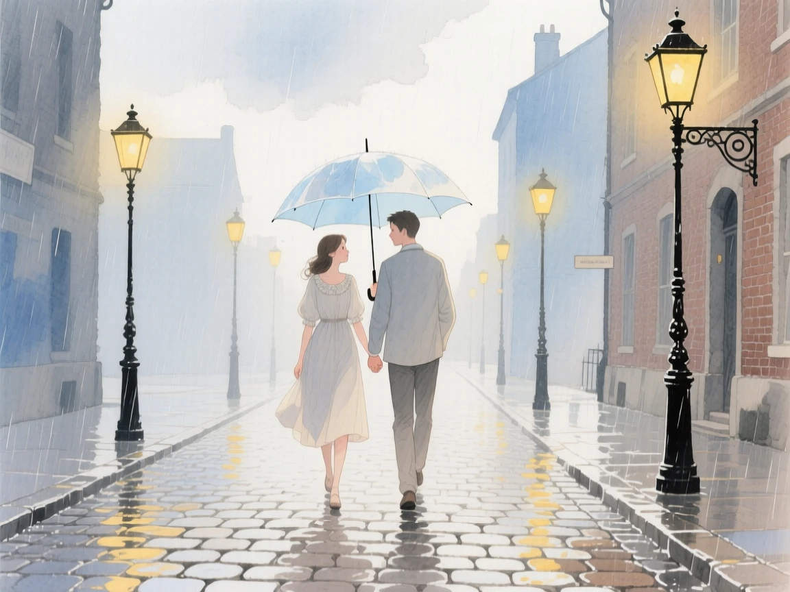 A couple shares an umbrella while walking hand in hand down a rain-soaked cobblestone street lined with old streetlamps