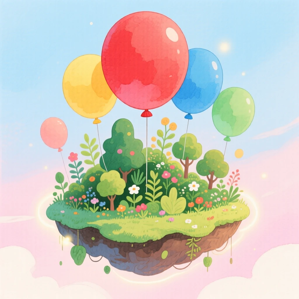 A floating garden suspended by giant balloons, bathed in soft magical light.