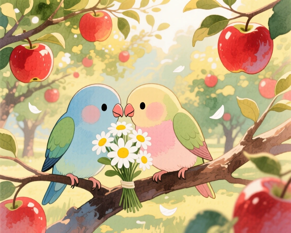 A pair of lovebirds sniffing a bouquet of daisies, set in an orchard heavy with ripe apples, evoking warmth and gentle affection.
