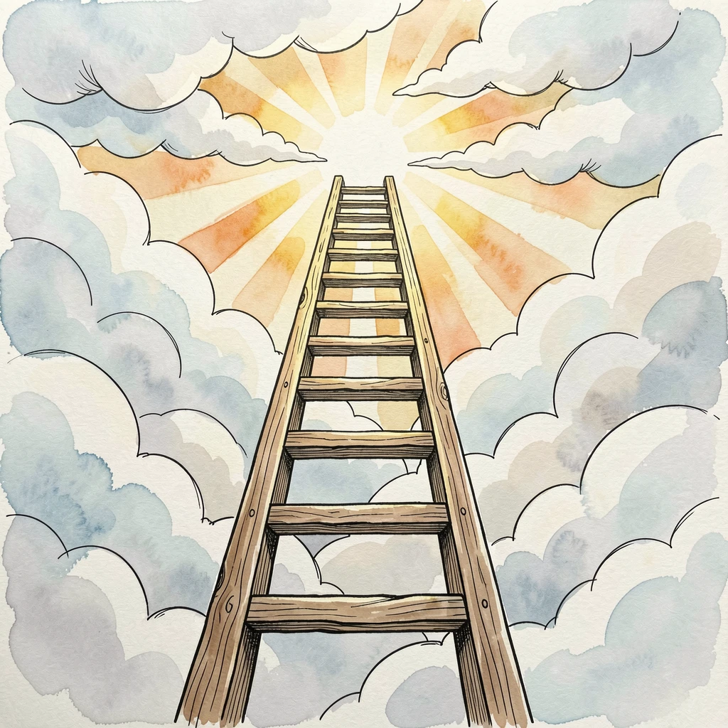 A ladder reaching up through clouds toward a burst of sunlight, a feeling of quiet determination and resilience.