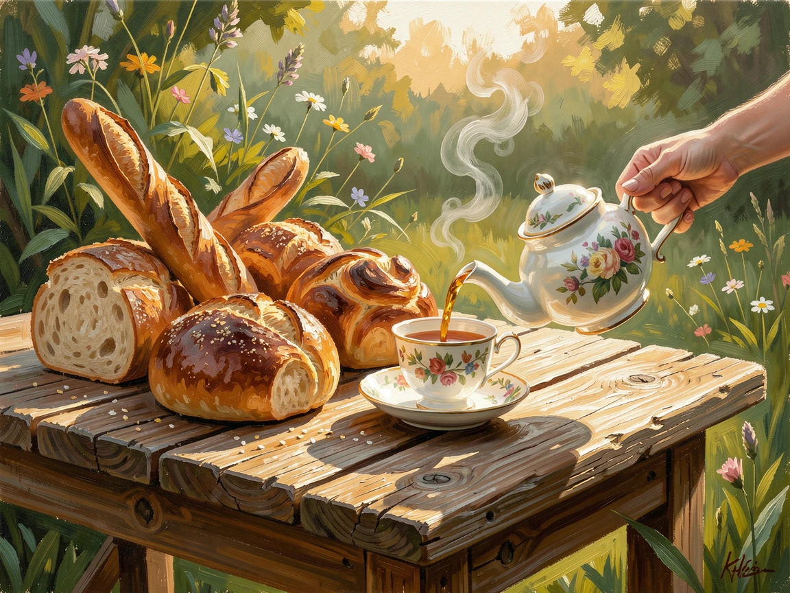 A rustic wooden table laden with fresh-baked bread, a hand reaching to pour a cup of tea, on a rustic wooden table set in a garden, at golden hour, light spilling across the table.