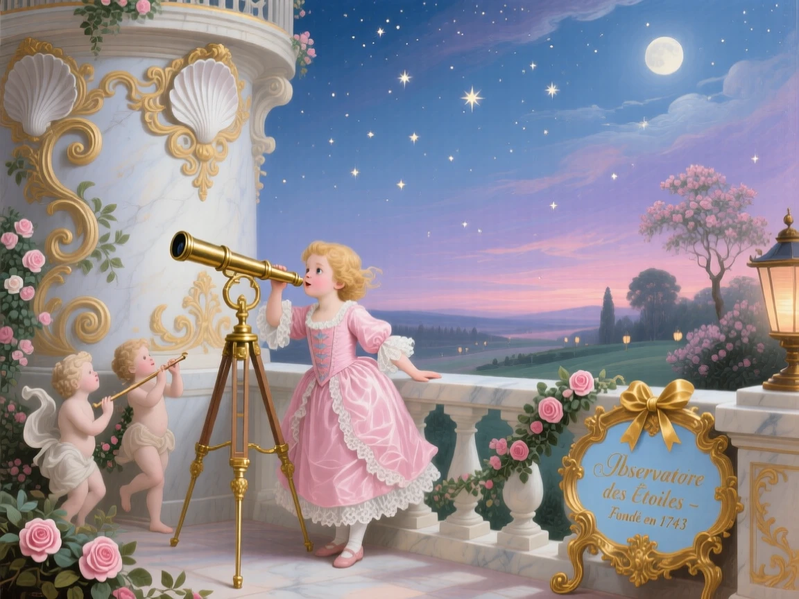 A child looking through a telescope at stars from a palace tower  